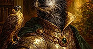 Oz a rejoint le concours — aidez-le/la à gagner de superbes lots ! dog, bird, armor, medieval, portrait, regal, noble, golden, lighting, costume, animal, fierce, perched, fur, feathers, background, ornate, clothing, portrait_style, knight