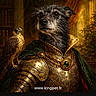 dog, bird, armor, medieval, portrait, regal, noble, golden, lighting, costume, animal, fierce, perched, fur, feathers, background, ornate, clothing, portrait_style, knight