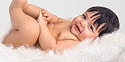 Andrew Matteo Romero joined the competition — help win amazing prizes! baby, infant, smile, happy, skin, hair, blanket, soft, cute, playful, child, lying_down, touching_toes, naked, portrait, indoors, closeup, flesh, young, cozy