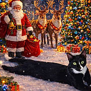 Smudge joined the competition — help win amazing prizes! animal, black_and_white_cat, cat, celebration, christmas_lights, christmas_tree, decoration, festive, glowing, holiday, night, ornaments, outdoor, presents, reindeer, sack, santa_claus, snow, string_lights, winter