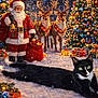 animal, black_and_white_cat, cat, celebration, christmas_lights, christmas_tree, decoration, festive, glowing, holiday, night, ornaments, outdoor, presents, reindeer, sack, santa_claus, snow, string_lights, winter