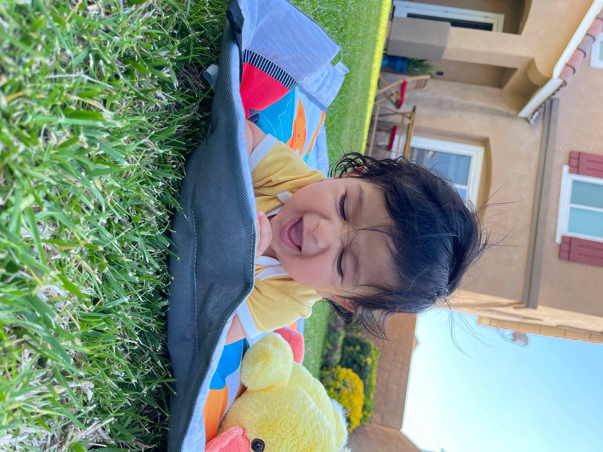 Yug is registered to the contest to win money with this photo: ball, building, child, fun, grass, happy, house, leisure, pattern, people_in_nature, person, sky, smile, stuffed_toy, t_shirt, toddler, toy, vacation, window