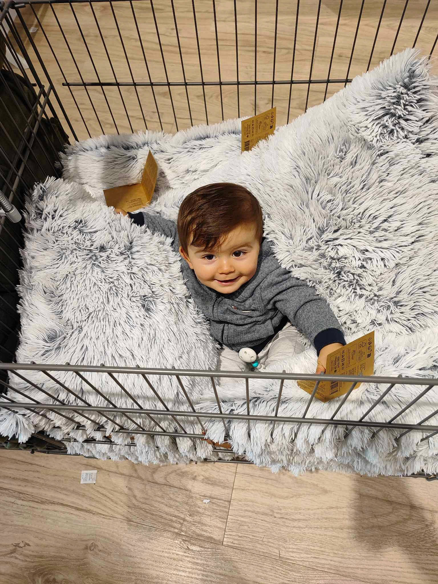 Aïdan a rejoint le concours — aidez-le/la à gagner de superbes lots ! baby, child, comfort, floor, flooring, fur, happy, hardwood, joy, leisure, linens, mammal, person, room, sitting, smile, textile, toddler, tree, vertebrate