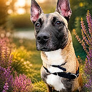 Tina a rejoint le concours — aidez-le/la à gagner de superbes lots ! dog, animal, outdoor, flower, purple_flower, sunset, nature, pet, grass, canine, portrait, ears, fur, leash, greenery, sunlight, garden, closeup, summer, beautiful