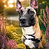 dog, animal, outdoor, flower, purple_flower, sunset, nature, pet, grass, canine, portrait, ears, fur, leash, greenery, sunlight, garden, closeup, summer, beautiful