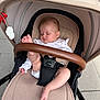 baby, stroller, sleeping, infant, sidewalk, urban, foot, leg, clothing, safety_belt, beige, outdoor, peaceful, child, person, baby_clothes, hand, head, seat, transport
