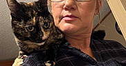 Luna joined the competition — help win amazing prizes! animal, casual, cat, closeup, curious, eyewear, face, feline, glasses, home, indoor, looking_away, person, pet, plaid_shirt, portrait, short_hair, shoulder, tortoiseshell_cat, woman