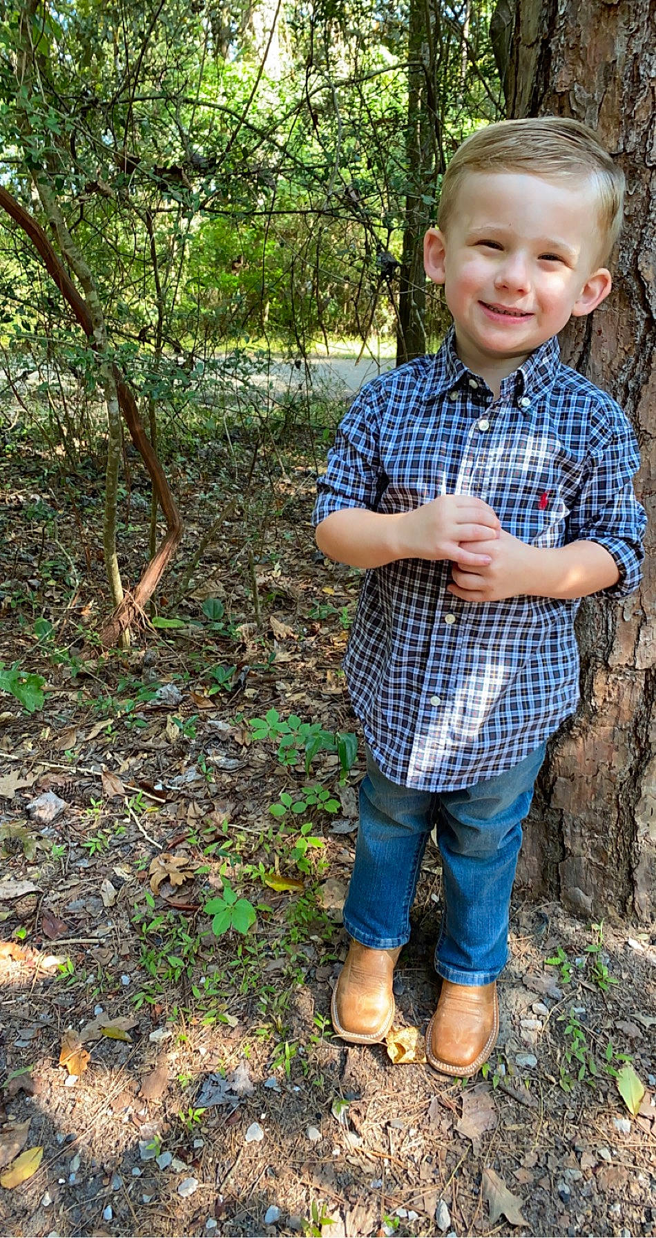 Beau joined the competition — help win amazing prizes! child, child_model, denim, grass, jeans, joy, pattern, person, plaid, plant, smile, soil, toddler, tree
