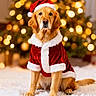 Jazmine is registered to the contest to win money with this photo: dog, golden_retriever, christmas, holiday, santa_claus_costume, red_clothing, white_fur_trim, festive, christmas_tree, lights, bokeh, indoor, pet, cute, fluffy_rug, canine, seasonal, portrait, costume, decorations