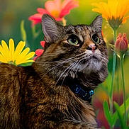 Daisy is registered to the contest to win money with this photo: cat, tabby, pet, animal, portrait, close_up, whiskers, green_eyes, ears, fur, collar, sitting, garden, flowers, daisies, colorful, outdoor, nature, floral_background, photography