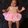 Aliya is registered to the contest to win money with this photo: baby, infant, child, tutu, pink_skirt, floral_top, socks, rainbow, lying_down, black_background, cute, chubby, face, arms, legs, indoors, happy, portrait, apparel, person