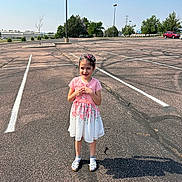Mia joined the competition — help win amazing prizes! child, girl, smiling, outdoor, parking_lot, parking_spaces, dress, pink_clothing, floral_dress, hair_bows, sandals, socks, standing, portrait, sunlight, shadow, asphalt, trees, cars, sky