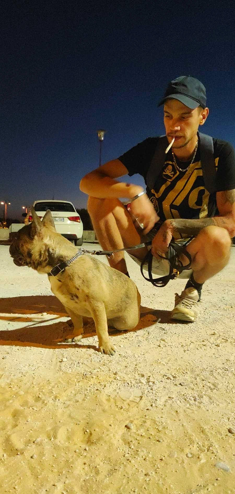 Jack participe au concours pour gagner de l'argent avec cette photo : baseball_cap, cap, car, carnivore, dog, fawn, hat, landscape, leg, mammal, shoe, shorts, sky, sneakers, tire, truck, vehicle, vertebrate, wheel, working_animal