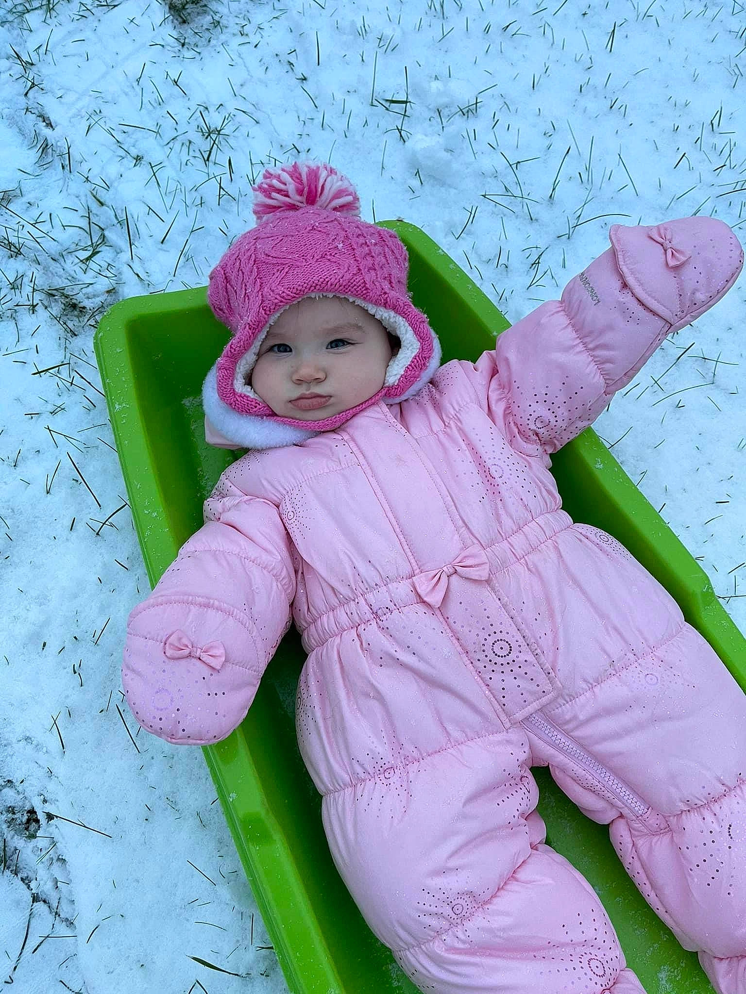 Estelle joined the competition — help win amazing prizes! baby, baby_toddler_clothing, beanie, bonnet, child, child_model, costume_accessory, craft, green, headwear, hood, hoodie, knit_cap, people_in_nature, person, pink, playground_slide, purple, toddler, winter