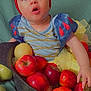 Raymonde Cortez a rejoint le concours — aidez-le/la à gagner de superbes lots ! apples, baby, bowl, child, cloth_background, colorful, costume, curious, cute, expression, fruit, green_apples, headband, indoors, portrait, red_apples, red_bow, sitting, snow_white_costume, surprised