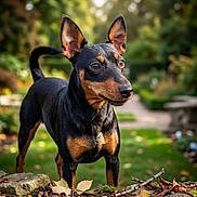Wilo participe au concours pour gagner de l'argent avec cette photo : alert, autumn, black_and_tan, bokeh, canine, closeup, dog, garden, grass, leaves, muzzle, outdoor, path, perked_ears, pet, portrait, shallow_depth_of_field, small_dog, stick, stone