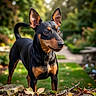 alert, autumn, black_and_tan, bokeh, canine, closeup, dog, garden, grass, leaves, muzzle, outdoor, path, perked_ears, pet, portrait, shallow_depth_of_field, small_dog, stick, stone