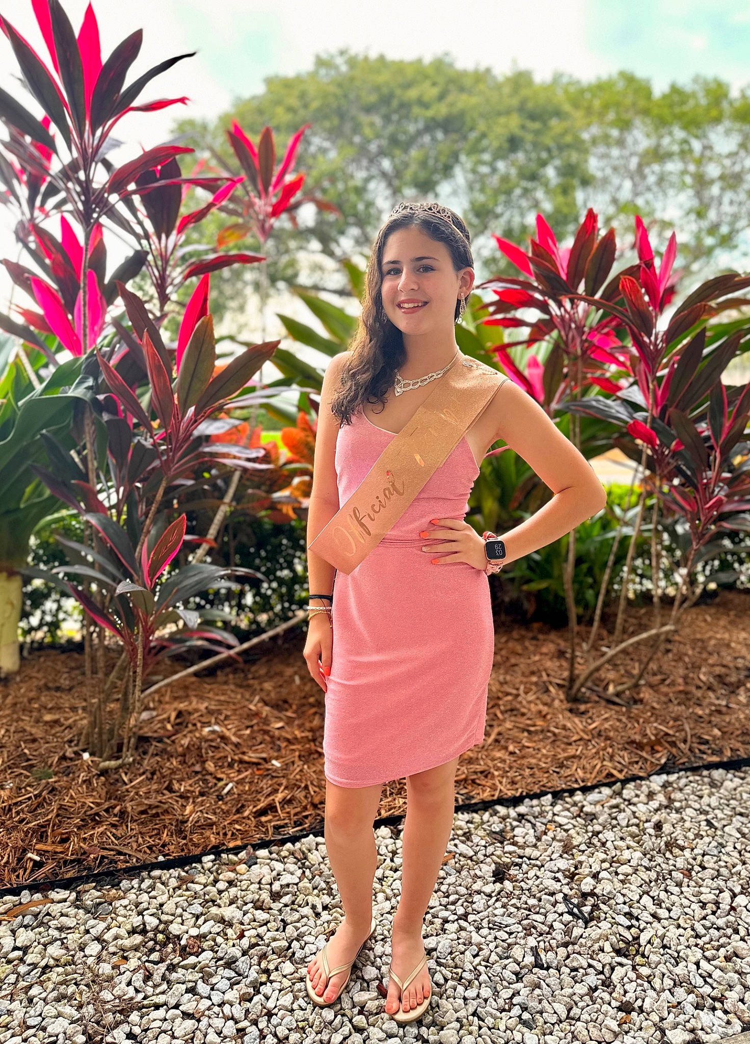 Molly joined the competition — help win amazing prizes! cloud, day_dress, dress, flower, formal_wear, grass, happy, joy, leaf, magenta, one_piece_garment, people_in_nature, person, pink, plant, sandal, sky, smile, terrestrial_plant, thigh