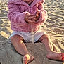 toddler, child, beach, sand, ocean, sunlight, sky, jacket, pink, playing, outdoor, barefoot, summer, nature, person, sitting, casual, daytime, cute, fun