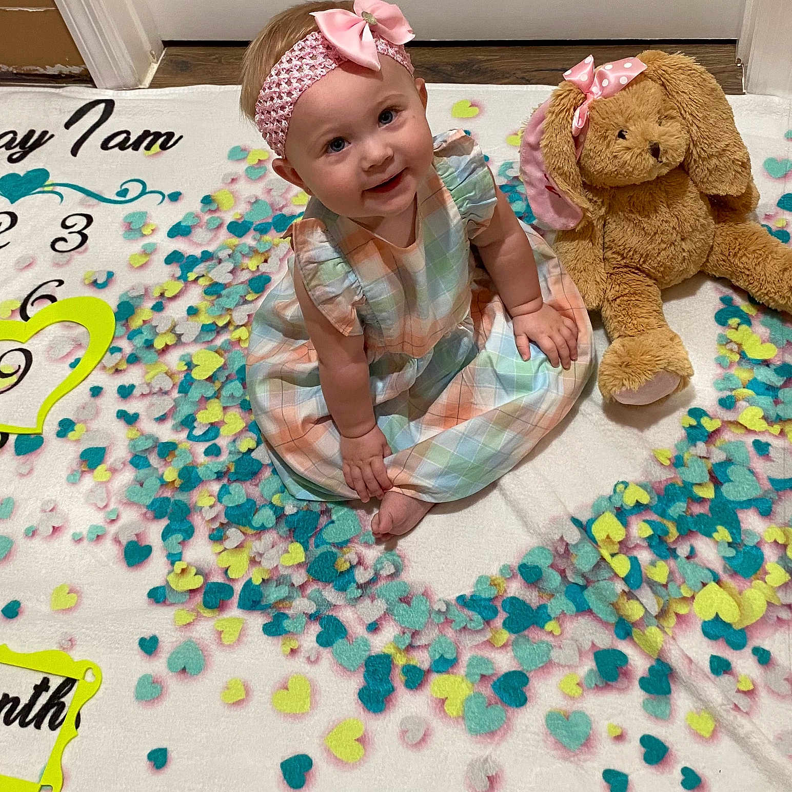 Aleigha is registered to the contest to win money with this photo: baby, clothing, crawling, face, flower, head, homedecor, mat, number, person, petal, photography, plant, portrait, quilt, sitting, sleeve, symbol, text, toy