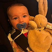 Eden participe au concours pour gagner de l'argent avec cette photo : baby, pacifier, car_seat, stuffed_animal, plush_toy, child, infant, seatbelt, comfort, cute, soft_toy, clothing, hand, face, portrait, indoor, childhood, baby_toy, warm_lighting, closeup