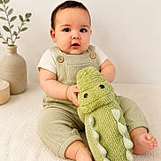 Kaleth is registered to the contest to win money with this photo: baby, child, plush_toy, crocodile, green_overalls, white_shirt, sitting, indoors, vase, plant, decor, neutral_background, barefoot, cute, infant, portrait, soft_toy, smiling, texture, casual_clothing