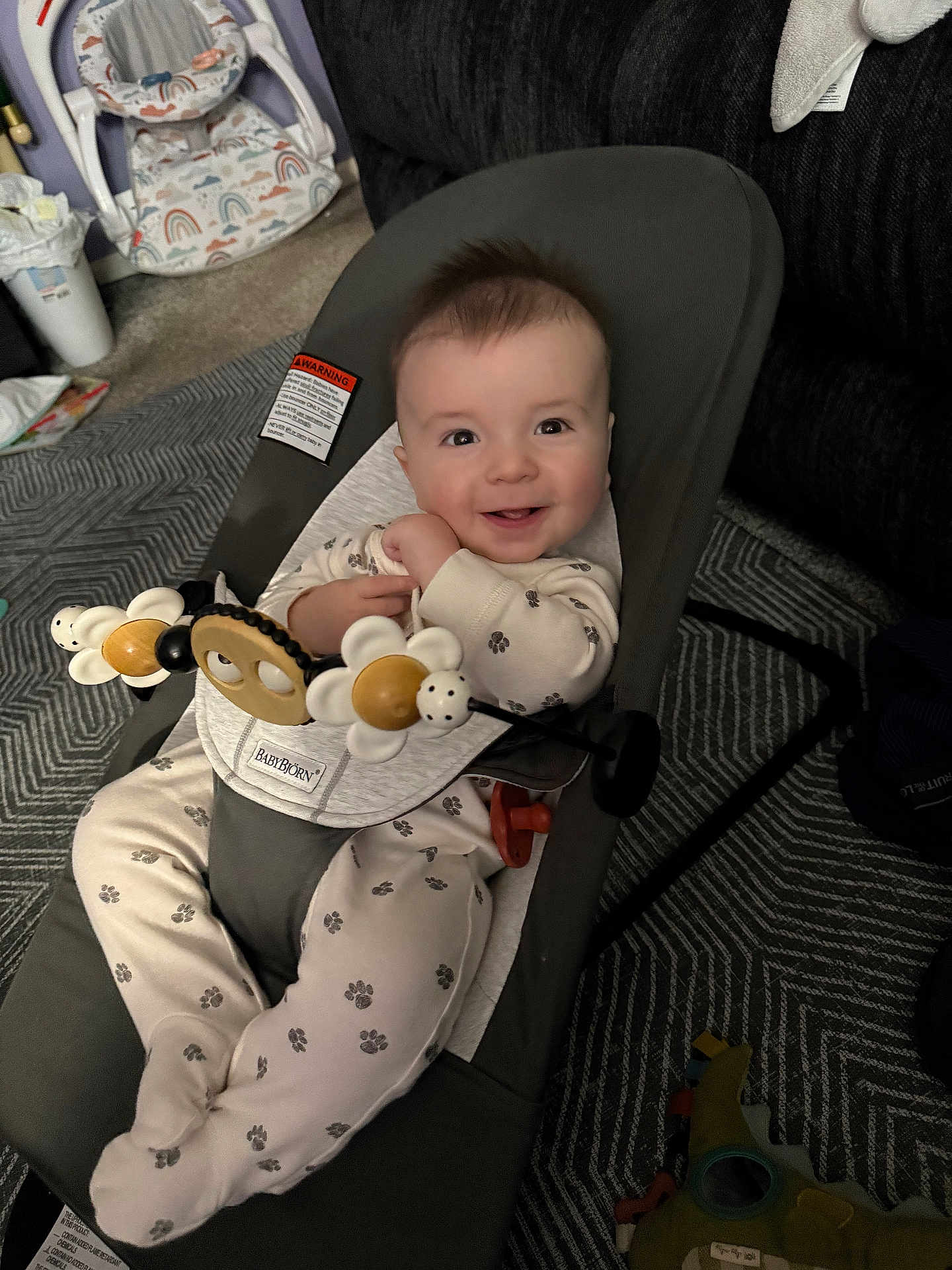 Silas joined the competition — help win amazing prizes! baby, bouncer, babybjorn, toy, wooden_toy, flower_toy, onesie, paw_print, smiling, infant, indoor, carpet, child, cute, happy, seat, baby_gear, home, face, person