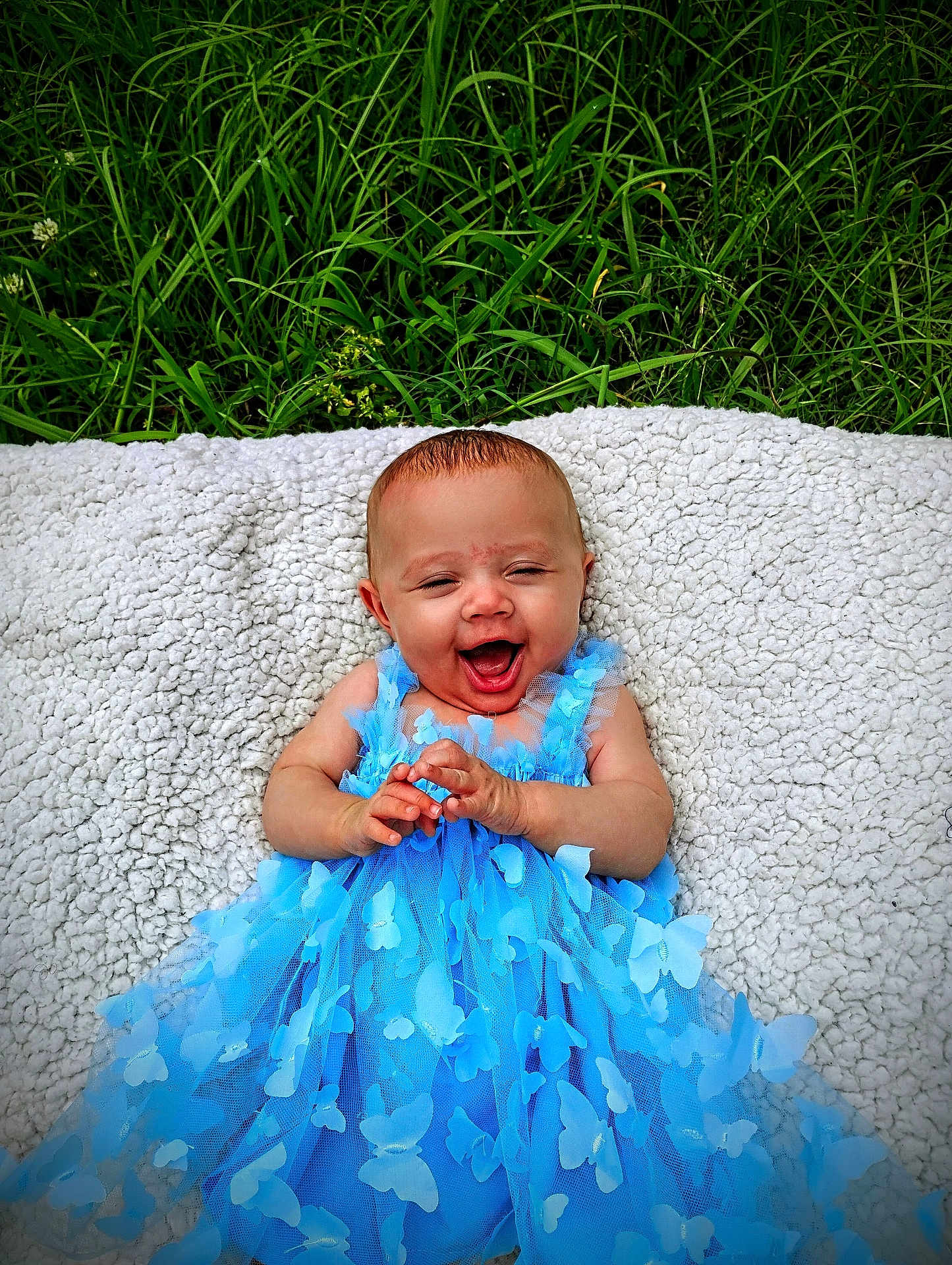 Caityy is registered to the contest to win money with this photo: baby, blue_dress, butterfly, blanket, grass, outdoor, happy, smiling, infant, child, clothing, nature, cute, portrait, person, toddler, soft_texture, greenery, joy, laughing