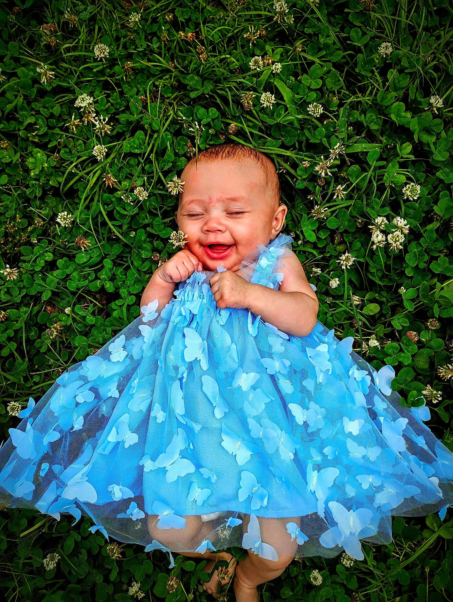 Caityy is registered to the contest to win money with this photo: baby, blue_dress, butterflies, child, clover, cute, flora, flower, grass, greenery, happy, infant, lying_down, nature, outdoor, playful, portrait, skin, smiling, tulle