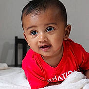 Felix joined the competition — help win amazing prizes! baby, child, infant, red_shirt, blanket, drool, face, eyes, curious, cute, indoor, portrait, young_child, person, head, expression, skin, hair, smile, crawling
