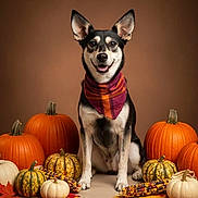 Ruby joined the competition — help win amazing prizes! dog, bandana, pumpkin, gourd, fall, autumn, corn, maple_leaf, brown_background, pet, smiling, sitting, studio, portrait, decor, holiday, cute, animal, festive, indoor