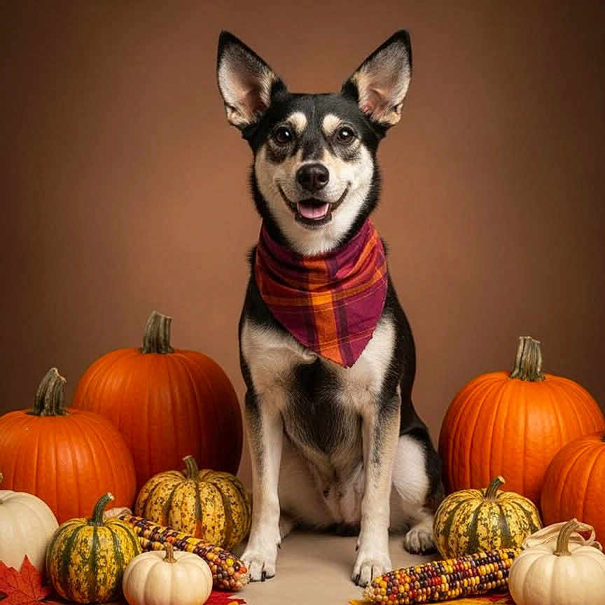 Ruby joined the competition — help win amazing prizes! animal, autumn, bandana, brown_background, corn, cute, decor, dog, fall, festive, gourd, holiday, indoor, maple_leaf, pet, portrait, pumpkin, sitting, smiling, studio