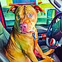 Ace joined the competition — help win amazing prizes! dog, brown_dog, pet, inside_car, car_interior, steering_wheel, leash, seat, window, side_mirror, collar, leather_seat, dashboard, vehicle, looking, sitting, canine, animal, ears, nose