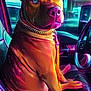 dog, pet, animal, car_interior, seat, collar, neon_lighting, window, steering_wheel, leather_seat, portrait, sitting, vehicle, bright_colors, close_up, indoor, canine, looking_away, glowing, modern