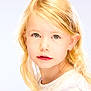 blonde_hair, casual_clothing, cherry_earrings, child, childhood, close_up, curly_hair, cute, earrings, expression, face, green_eyes, innocence, light_skin, looking_at_camera, portrait, soft_light, studio_photo, white_background, young_girl