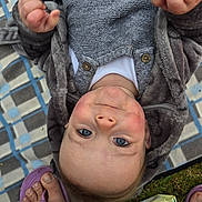 Kayden joined the competition — help win amazing prizes! baby, blue_eyes, blanket, clothing, diaper_wipes, feet, footwear, gray_sweater, grass, infant, jacket, outdoors, person, plaid_blanket, portrait, purple_sandals, sitting, skin, toddler, young_child