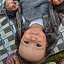 baby, blue_eyes, blanket, clothing, diaper_wipes, feet, footwear, gray_sweater, grass, infant, jacket, outdoors, person, plaid_blanket, portrait, purple_sandals, sitting, skin, toddler, young_child