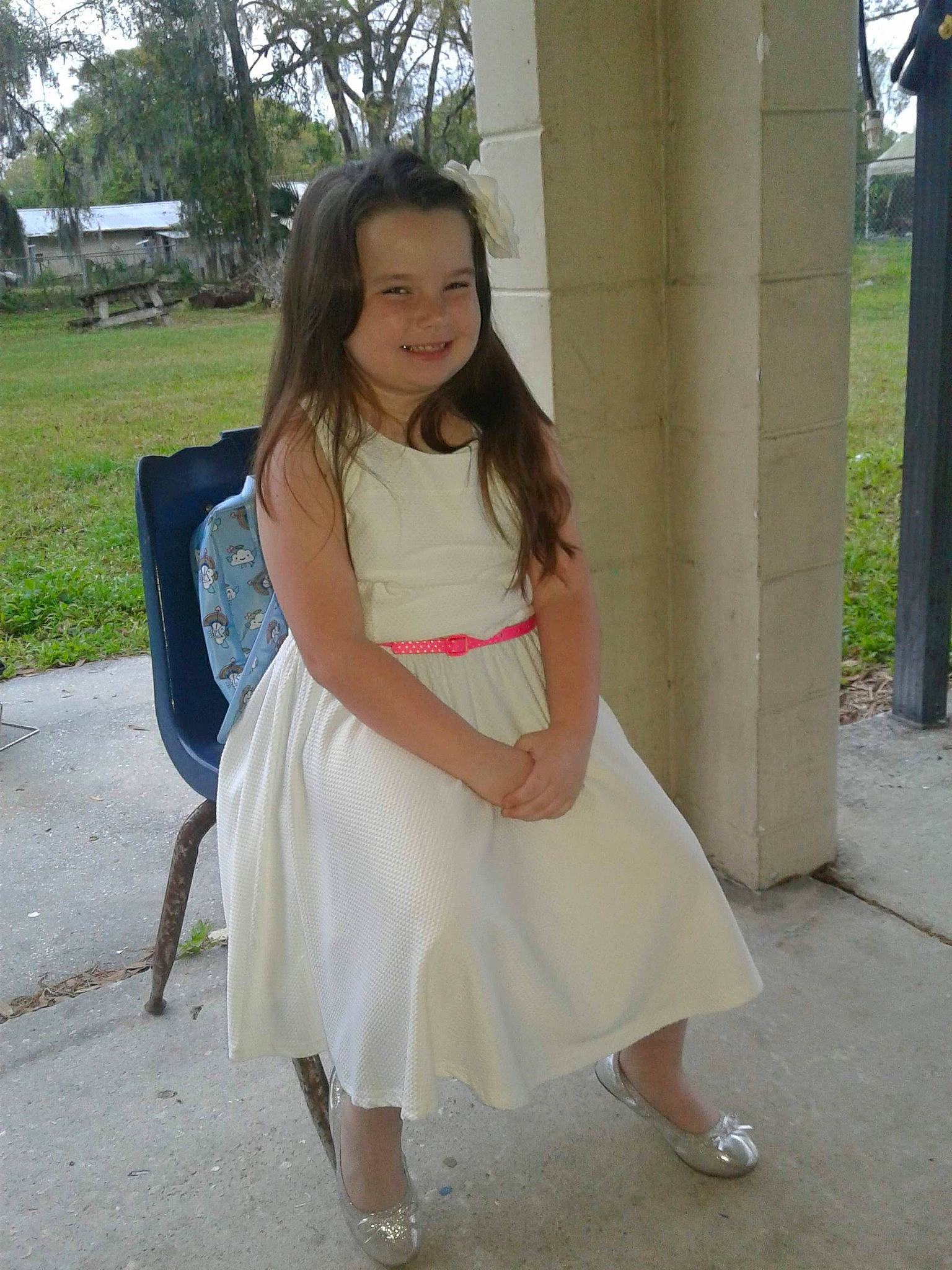 Kyleigh is registered to the contest to win money with this photo: child, child_model, clothing, dress, fawn, joy, lady, leg, long_hair, person, photography, shoe, shoulder, smile, snapshot, white