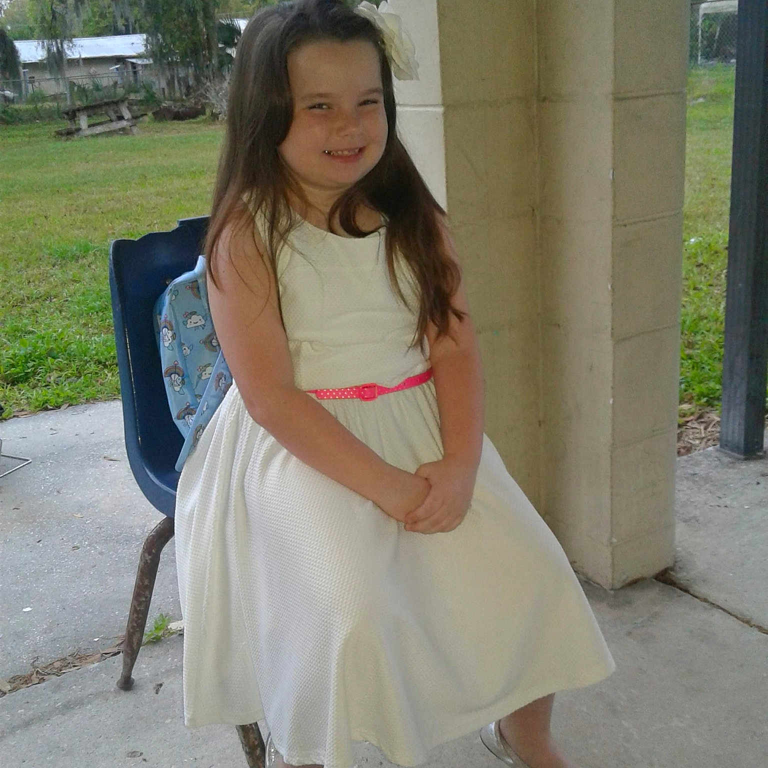 Kyleigh is registered to the contest to win money with this photo: child, child_model, clothing, dress, fawn, joy, lady, leg, long_hair, person, photography, shoe, shoulder, smile, snapshot, white