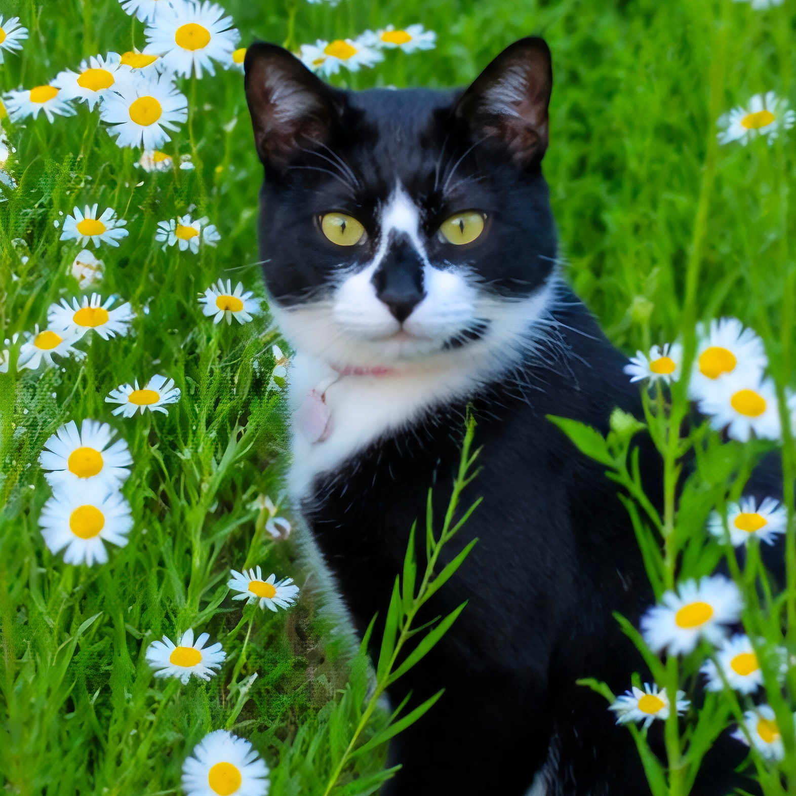 Olaf is registered to the contest to win money with this photo: animal, black_and_white_cat, calm, cat, close_up, curious, daisies, flora, garden, grass, green_foliage, nature, outdoor, pet, portrait, sitting, spring, white_flowers, wildflowers, yellow_eyes