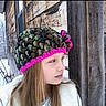 child, girl, knit_hat, winter, snow, wooden_cabin, window, outdoor, cold, pensive, portrait, face, long_hair, warm_clothing, nature, tree, seasonal, scenery, frost, profile