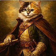 Sassy joined the competition — help win amazing prizes! animal_portrait, artistic, cat, character, cloak, costume, detailed, embroidery, fabric_texture, fantasy, feline, gloves, green_eyes, historical_clothing, leather_belt, medallion, noble, painting_style, portrait, vintage_style
