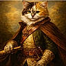 animal_portrait, artistic, cat, character, cloak, costume, detailed, embroidery, fabric_texture, fantasy, feline, gloves, green_eyes, historical_clothing, leather_belt, medallion, noble, painting_style, portrait, vintage_style