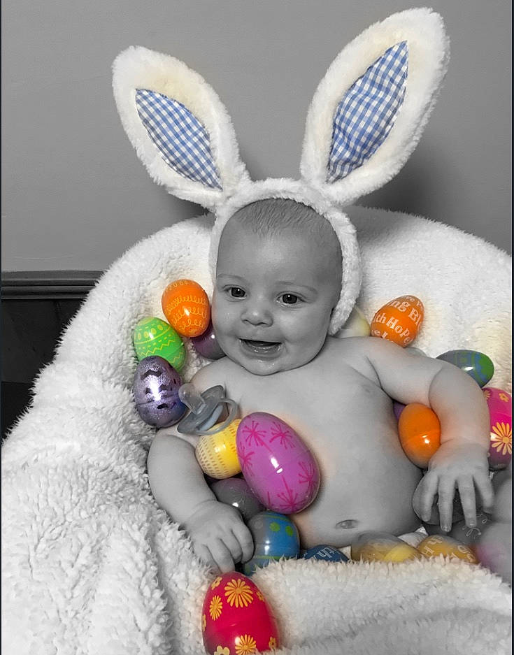 Zander joined the competition — help win amazing prizes! baby, beauty, ear, easter, easter_bunny, event, fawn, happy, mammal, person, photograph, pink, rabbit, rabbits_and_hares, smile, snapshot, textile, toddler, toy, vertebrate