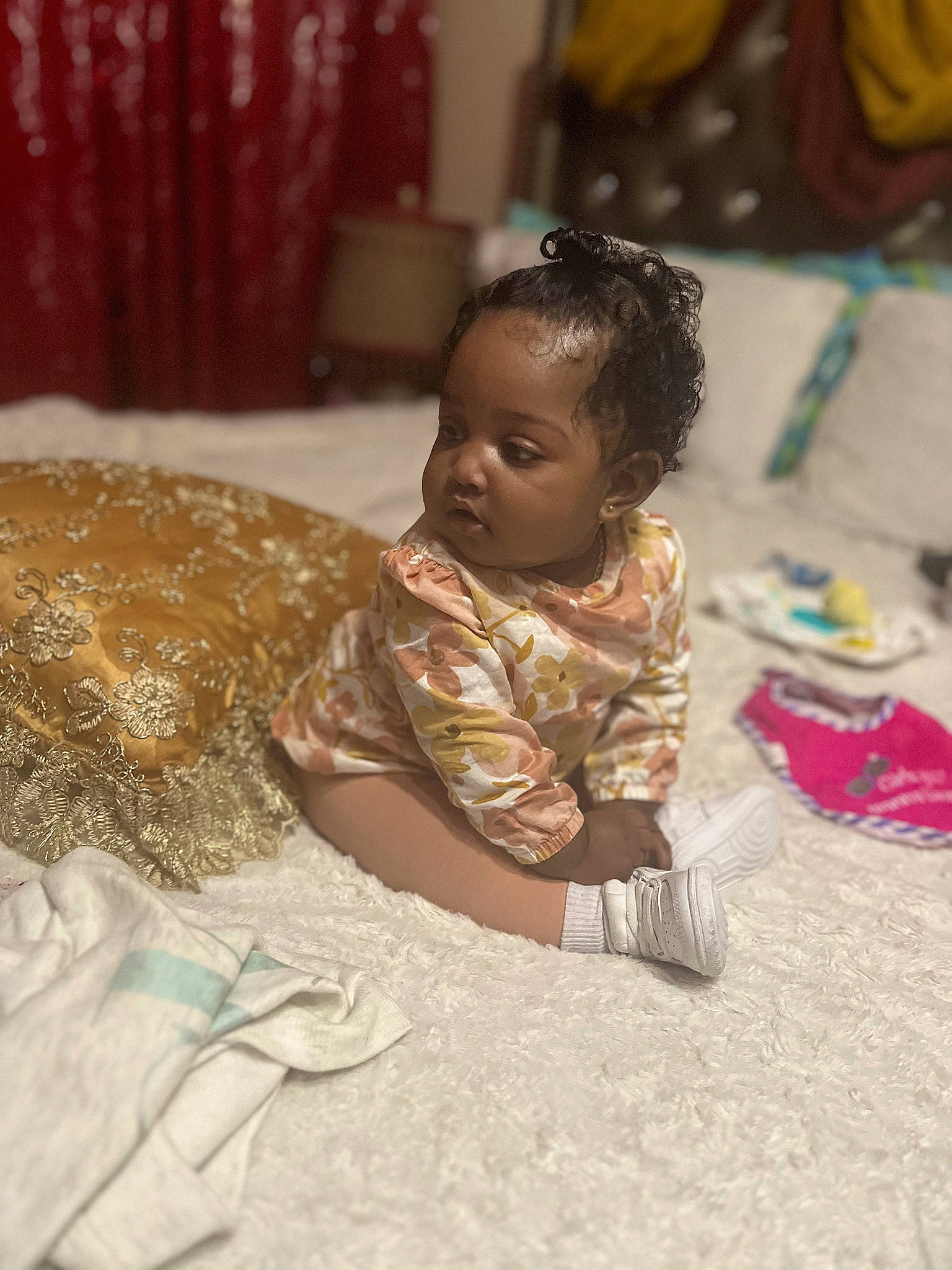 Aloura joined the competition — help win amazing prizes! baby, cheek, child, comfort, curtain, event, facial_expression, floor, flooring, fun, hairstyle, happy, head, linens, person, room, sitting, skin, toddler, tradition