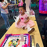 Elena is registered to the contest to win money with this photo: child, birthday, cake, party, tutu, pink, minnie_mouse, face_paint, table, balloons, celebration, indoor, people, jeans, shoes, hat, toy, colorful, event, happy