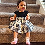 baby, child, smiling, stairs, carpet, dress, sock, pink, hair_clip, happy, indoor, floor, wood, person, cute, sitting, infant, small, portrait, young