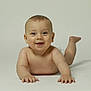 baby, infant, smiling, lying_down, bare_skin, diaper, happy, child, cute, toddler, playful, arms, legs, face, portrait, studio, light_background, skin, young, expression