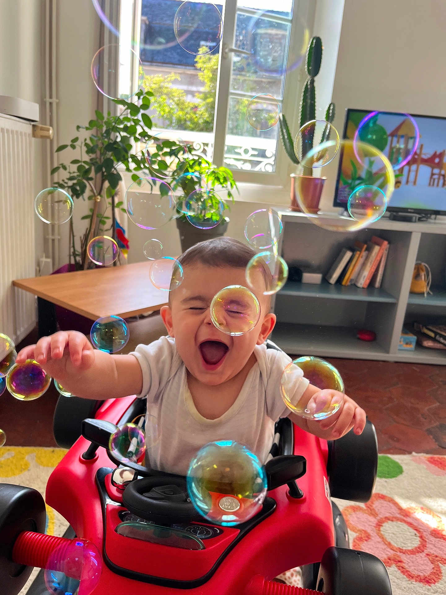 Marin participe au concours pour gagner de l'argent avec cette photo : toddler, child, toy_car, bubbles, indoor, living_room, smiling, happy, playful, plant, window, furniture, television, bookshelf, floor_rug, cactus, joyful, person, home, playtime