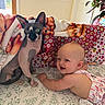 baby, cat, sphynx_cat, blanket, indoor, smiling, curious, leaf_pattern, bed, furniture, plant, window, door, child, pet, hairless_cat, colorful, playful, happy, cozy